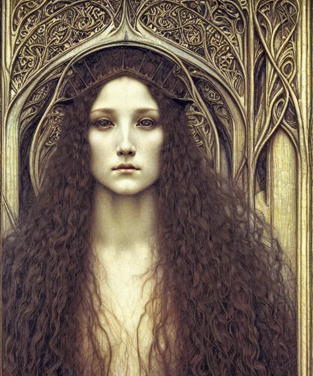 Image similar to detailed realistic beautiful young medieval queen face portrait by jean delville, gustave dore and marco mazzoni, art nouveau, symbolist, visionary, gothic, pre - raphaelite. horizontal symmetry