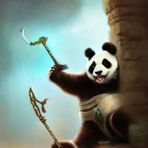 Image similar to very cute and happy warrior panda in armor by wenjun lin, eerie, intricate, highly detailed, sorrow, dramatic, emotional, proud, matte painting, award - winning art, cute, happy, cold lighting, refractions, volumetric lighting, trending on artstation, digital art, 8 k