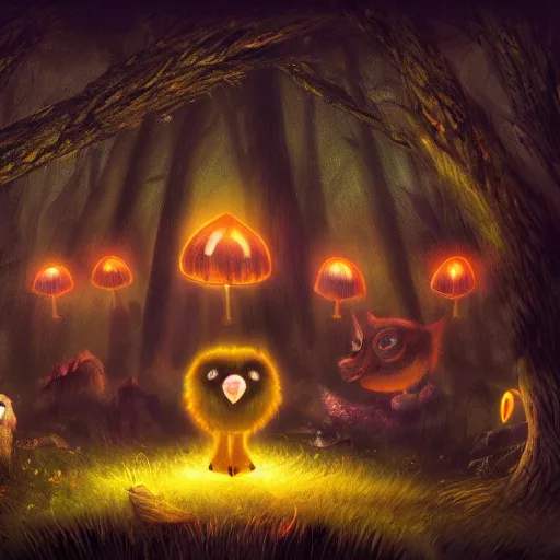 Image similar to A group of friends in a dark forest at night, surrounded by luminescent mushrooms, with a giant owl in the background, digital painting, concept art, artstation, 4k