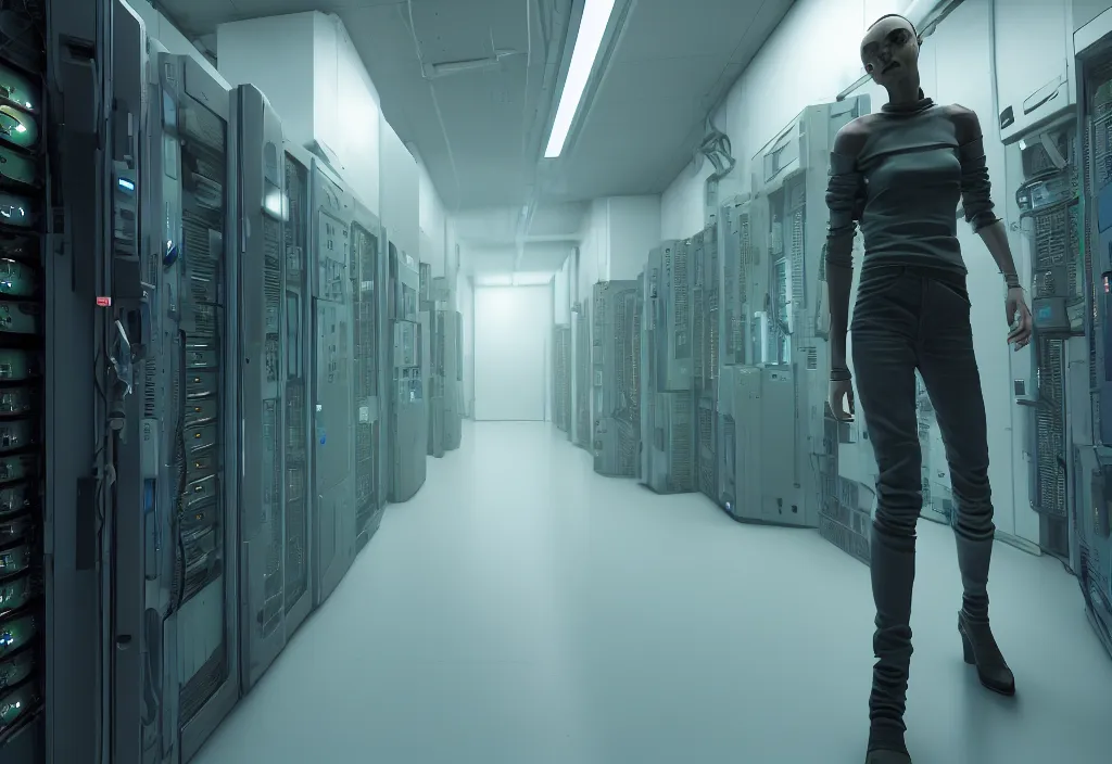 Prompt: android walking in server room in datacenter, shot by cyberpunk syle, character design, proportional body, whole body, whole figure, very realistic cinematic concept art, complementary color, realistic detailed, sharp lines, trending on artstation, volumetric lighting, style by vitaly bulgarov artstaion film by neil blomkamp style, octane render