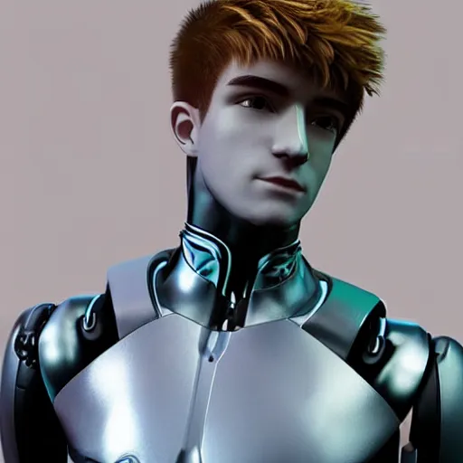 Image similar to “a realistic detailed photo of a guy who is an attractive humanoid who is half robot and half humanoid, who is a male android, twitch streamer Ninja Tyler Blevins, shiny skin, posing like a statue, blank stare, gaming room, close up”