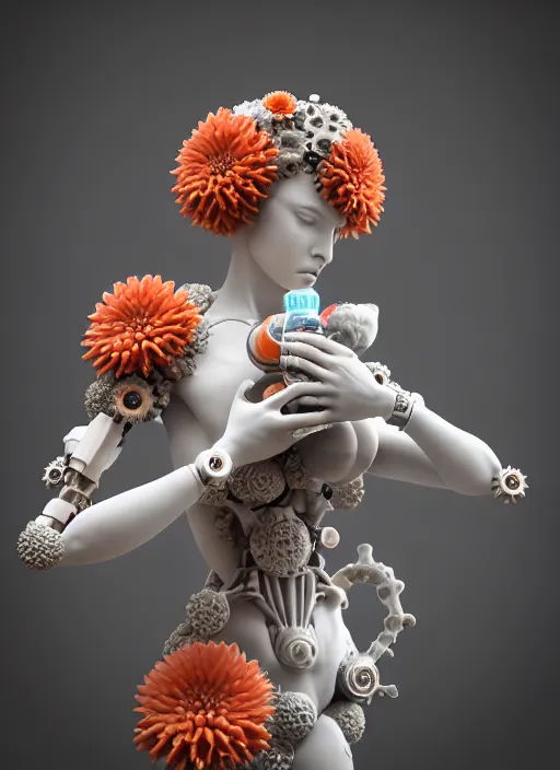 Image similar to beautiful marble statue made of biomechanical corals, daisies, well contoured smooth fair walls, carrying a bottle of perfume, up close shot, sharp focus, global illumination, radiant light, alexandre ferra white mecha, irakli nadar, octane highly render, 4 k, ultra hd,