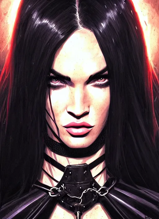 Image similar to portrait of megan fox as a evil demon, collar and leash, batwings, hell, dark, intricate, headshot, key visual, conceptart, ambient lighting, highly detailed, digital painting, artstation, concept art, sharp focus, by makoto shinkai and akihiko yoshida and greg manchess