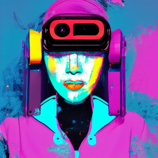 Image similar to illustration of cyberpunk girl with bubble gum in vr helmet, colorful splatters, by andy warhol and by zac retz and by kezie demessance