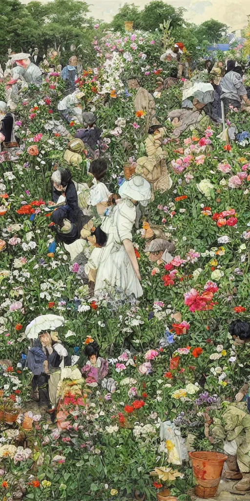 Image similar to oil painting scene from gardeners crowd in the flower garden by kim jung gi