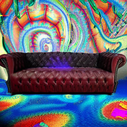 Image similar to couch sofa chesterfield flying through space psychedelic trippy eldritch horror cartoon