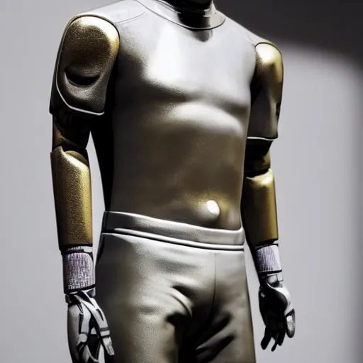 Image similar to a realistic detailed photo of a guy who is an attractive humanoid who is half robot and half humanoid, who is a male android, soccer players timo werner, shiny skin, posing like a statue, blank stare, in a factory, on display, showing off his muscles, gold soccer shorts, side view