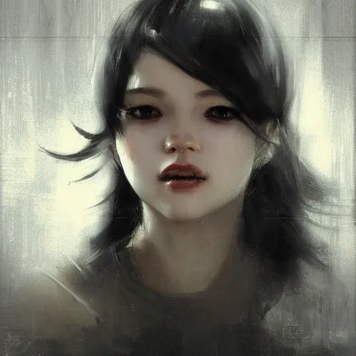 Image similar to a cute girl by ruan jia, closeup headshot, black long hair, black eyes, movie poster style