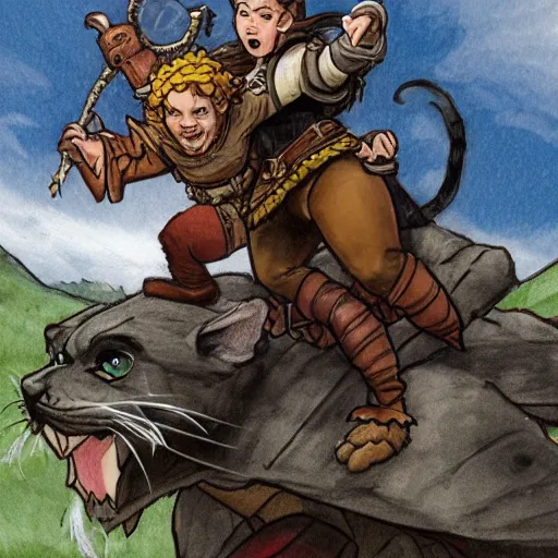 Prompt: D&D art of a rogue halfling with hairy feet, riding on top of a panther through waterdeep, sunny afternoon