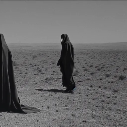 Image similar to a man wearing a long cloak and gasmask, in the desert, film still, arriflex, by Arik Roper