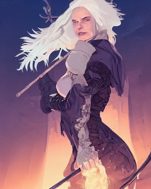 Image similar to a white-haired witch holding a gnarled walking staff, glowing iridescent accents, digital apex legends illustration portrait, gorgeous lighting, wide angle action dynamic portrait, art by Josan Gonzalez, blue and gold palette, high contrast