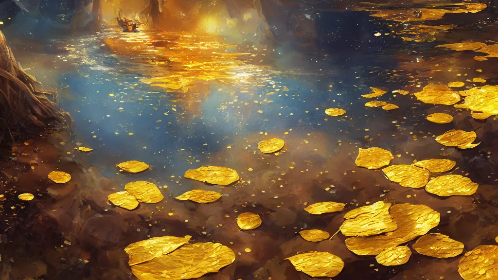 Prompt: a beautiful painting, super wide, underwater, gold leaves, gold leaves, starry night, summer, clearing, film, john howe, krenz cushart, artstation