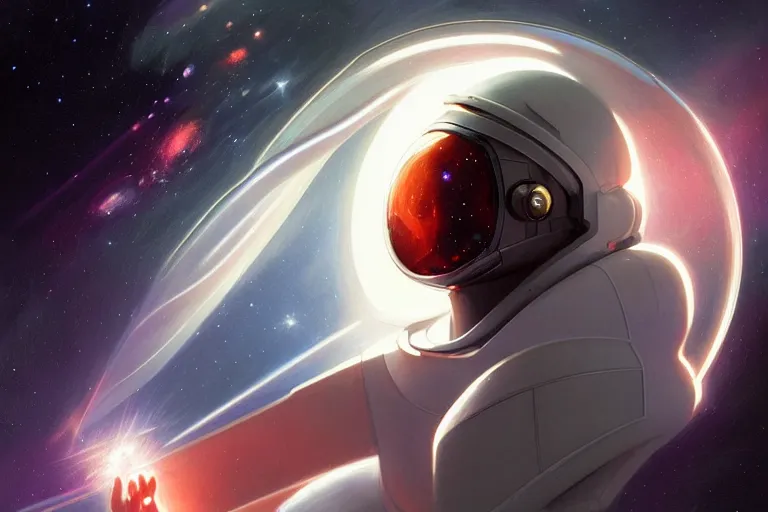 Image similar to Portrait of a Futuristic astronaut reflective visor mirror spacesuit reflecting a nebula supernova in space, portrait, elegant, intricate, digital painting, artstation, concept art, smooth, sharp focus, illustration, art by artgerm and greg rutkowski and alphonse mucha