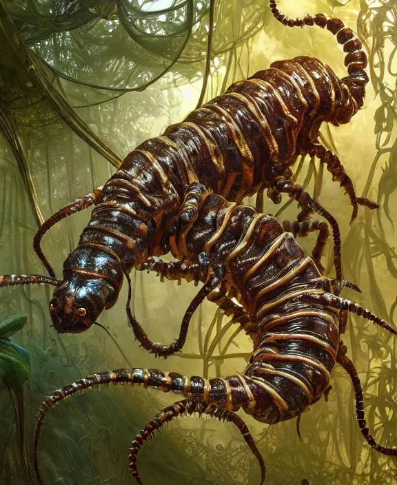 Prompt: intricate ornate opulent transparent clear see - through portrait of a terrifying beautiful emaciated male alien centipede, mottled coloring, adorable, childlike, overgrown jungle environment, ultra realistic, concept art, art nouveau, photorealistic, octane render, 8 k, unreal engine. art by christopher marley and artgerm and greg rutkowski and alphonse mucha