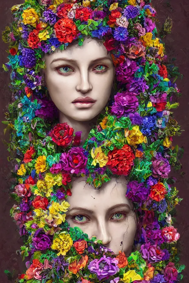 Image similar to a sculpture made of vine and colorful flowers, bust, single portrait, queen, future, epic, harper's bazaar, vogue, magazine, insanely detailed and intricate, concept art, ornate, luxury, elite, elegant, trending on artstation, by Ruan Jia, Kenneth Willardt, Ross Tran, WLOP, Andrei Riabovitchev.