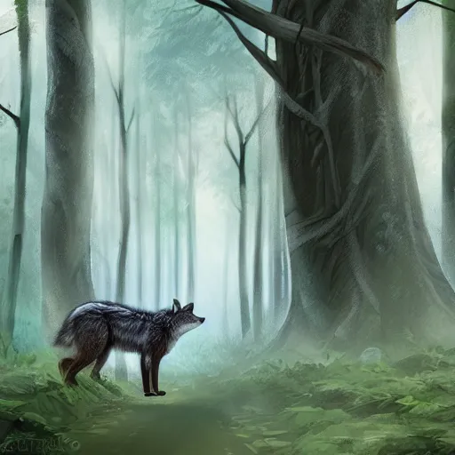 Image similar to a woodland druid in a forest with a wolf bird and racoon, photorealistic, in the style of greg rutkowski, digital painting