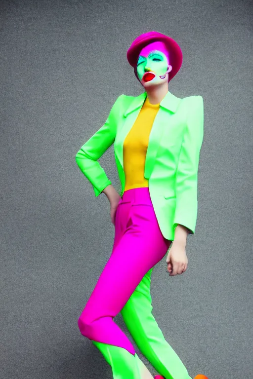 Prompt: realistic photoshooting for trouser suit for a rave, bright colors, vhs colour photography, fashion photography, vogue, smooth skin, perfect face, 8 0 mm lens, 1. 2 aperture, cinematic light, very detailed,