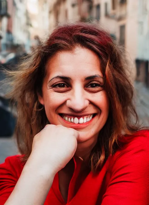 Image similar to color portrait of a beautiful 35-year-old smiling Italian woman, wearing a red outfit, candid street portrait in the style of annie leibovitz medium shot, detailed, award winning, Sony a7R