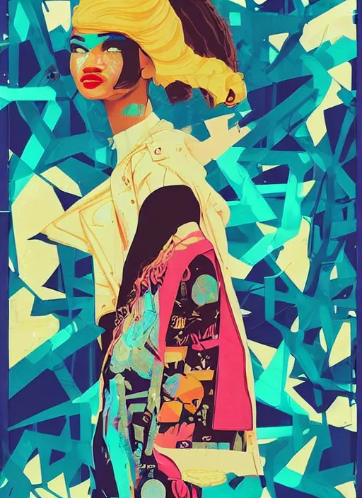 Image similar to Zendaya in Euphoria by Sachin Teng x Supreme :5 attractive, stylish, designer , asymmetrical, Matte Painting , geometric shapes, hard edges, graffiti, street art:2 Masterpiece, impressive detail, colorful, by Sachin Teng:4