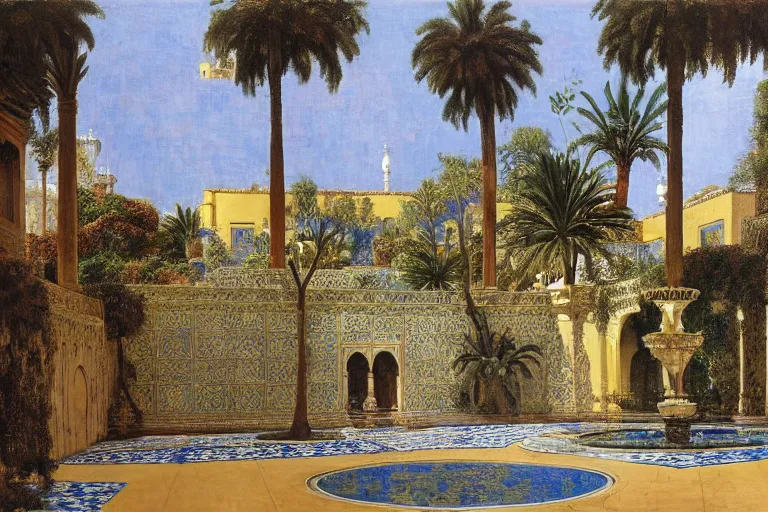 Image similar to painting of a beautiful moorish palace courtyard garden, by rudolf ernst and maxfield parrish, patterned tilework, palm trees, tiled fountains, extremely detailed, cinematic lighting, smooth sharp focus