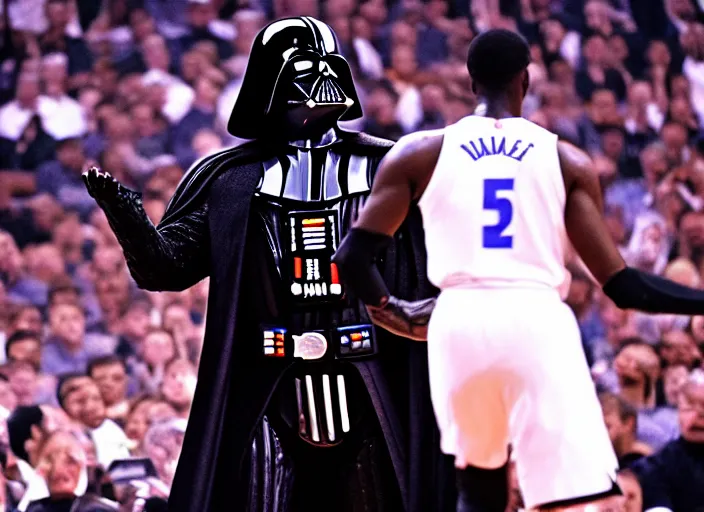 Image similar to ESPN still of Darth Vader playing in the nba playoffs live on espn, 4k