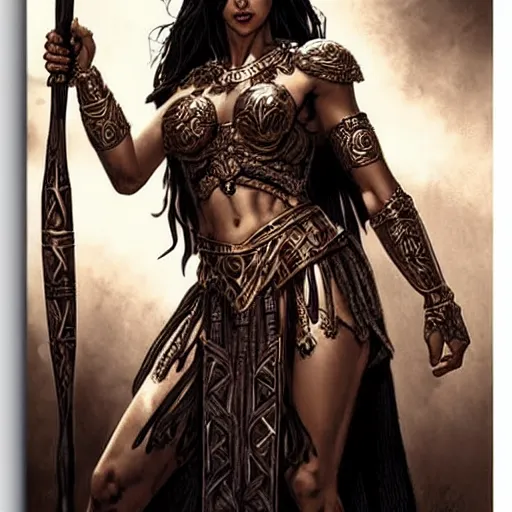 Prompt: greek amazon warrior, a tall beautiful woman with bronzed skin and long raven hair, dressed in hellenistic body armour, intricate, elegant, highly detailed, smooth, sharp focus, detailed face, high contrast, graphic novel, art by ardian syaf,