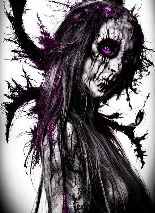 Prompt: gothic soul - spirit with galaxy dead eyes, random decor of necro blast, psycho colors veins, realistic flavor, twisted sorrow fade soft, award winning photoshoot, godzilla 7