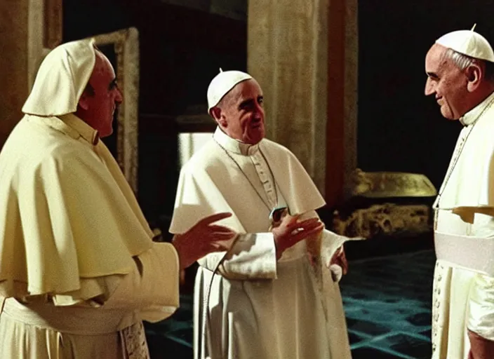 Image similar to a film still of the pope dresses in egyptian style talking to moises, in the 1 0 commandments ( 1 9 5 6 ), technicolor color