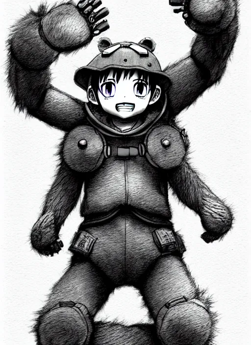 Image similar to beautiful little boy wearing an cyborg bear suit, artwork in kentaro miura and made in abyss and rosdraws, smooth, beautiful lightness, anatomically correct, trending on pixiv, forest