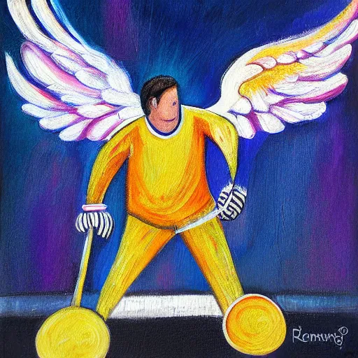 Prompt: goal keeper with wings, rennasainse painting