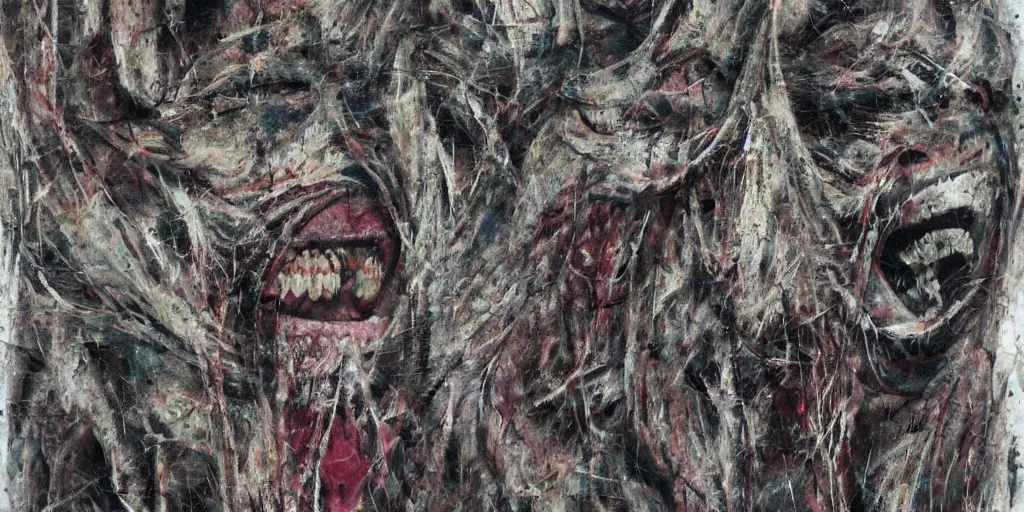 Image similar to camo made of teeth, smiling, abstract, francis bacon artwork, cryptic, dots, stipple, lines, splotch, color tearing, pitch bending, faceless people, dark, ominious, eerie, minimal, points, technical, old painting