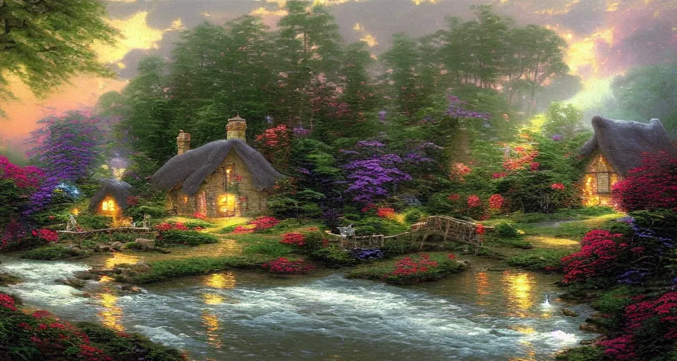 Prompt: a breathtaking painting of a cottage in the woods, a bridge over a river by Thomas kinkade