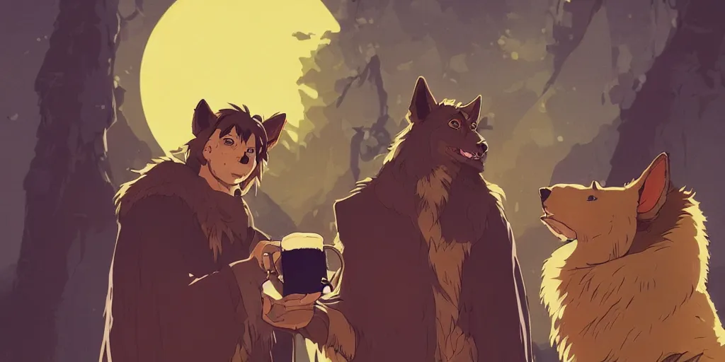 Image similar to a two german shepherds beast - men, holding a mug of beer, a lot of pockets, fur cape, tavern background, magical, bright, colorful, fantastic lighting, amazing details, 4 k uhd, illustration by hayao miyazaki and makoto shinkai and ilya kuvshinov, artstation, pixiv,