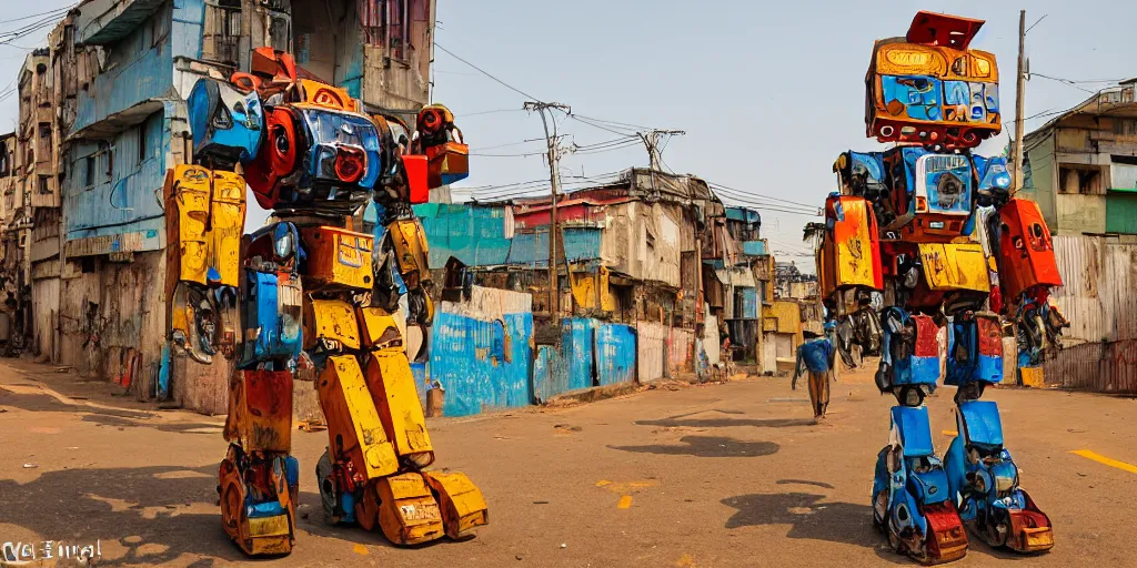 Image similar to colourful giant mecha ROBOT of AJEGUNLE SLUMS of Lagos, markings on robot, Golden hour,