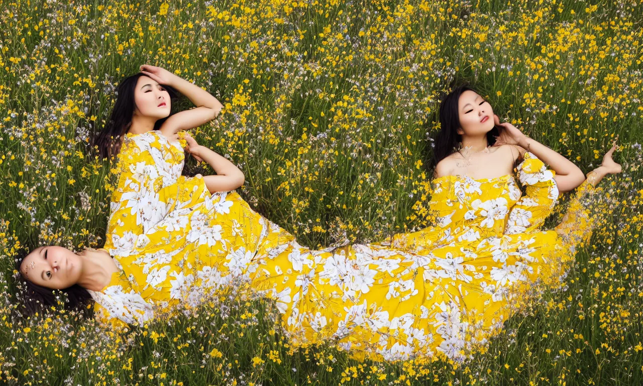 Image similar to beautiful Asian woman lying in a field of wildflowers, wearing a yellow and white sun dress, medium close, dreamy