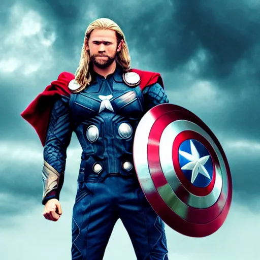 Image similar to Thor use his hammer and smash captain America shield , cinematic, dramatic, FX , hyper real