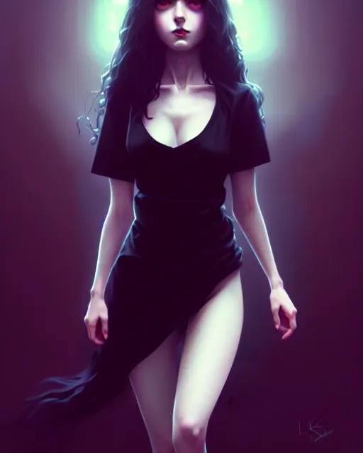 Image similar to hyper - realistic portrait of a gothic girl, dynamic wavy hair, dynamic body anatomy, detailed designs, digital painting, 4 k, by ilya kuvshinov, by greg rutkowski, atmospheric lighting