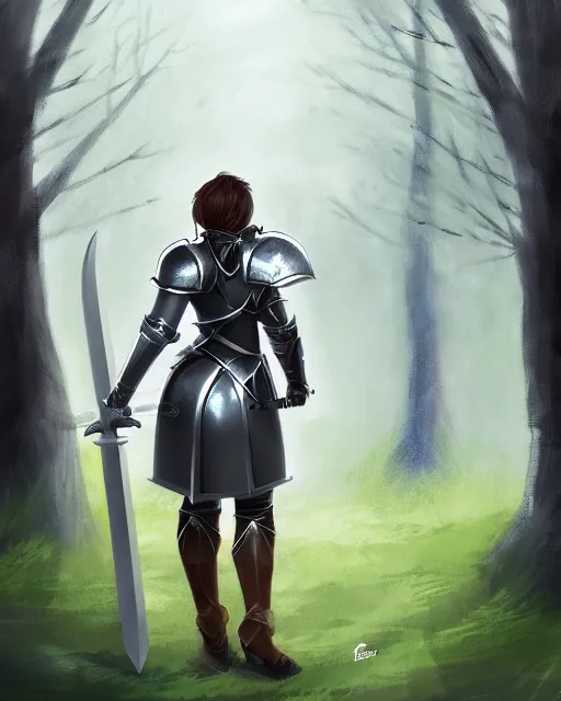 Image similar to concept art of a thicc female knight, wearing heavy medival knight armor, holding a long sword, walking through a foggy oak forest | | epic - fine - clean, polished, trending on artstation, brush strokes