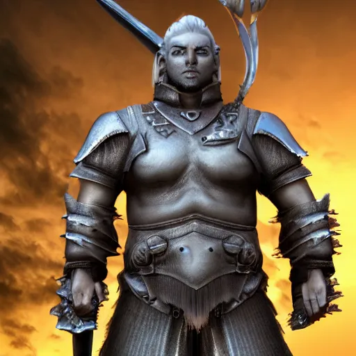 Image similar to stunning 3d render of a hyperrealistic fantasy warrior, male, highly detailed, cinematic