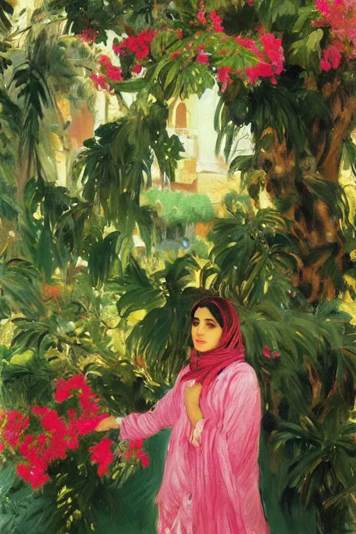 Image similar to a persian girl with agreen rabesque scarf near bougainvillea and palm trees, ahwaz city in iran, painting by john singer sargent