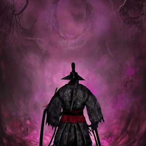 Image similar to a samurai standing in the purple abyss, rot, blood, dark, bloodborne, night, hopeless, highly detailed, intricate background