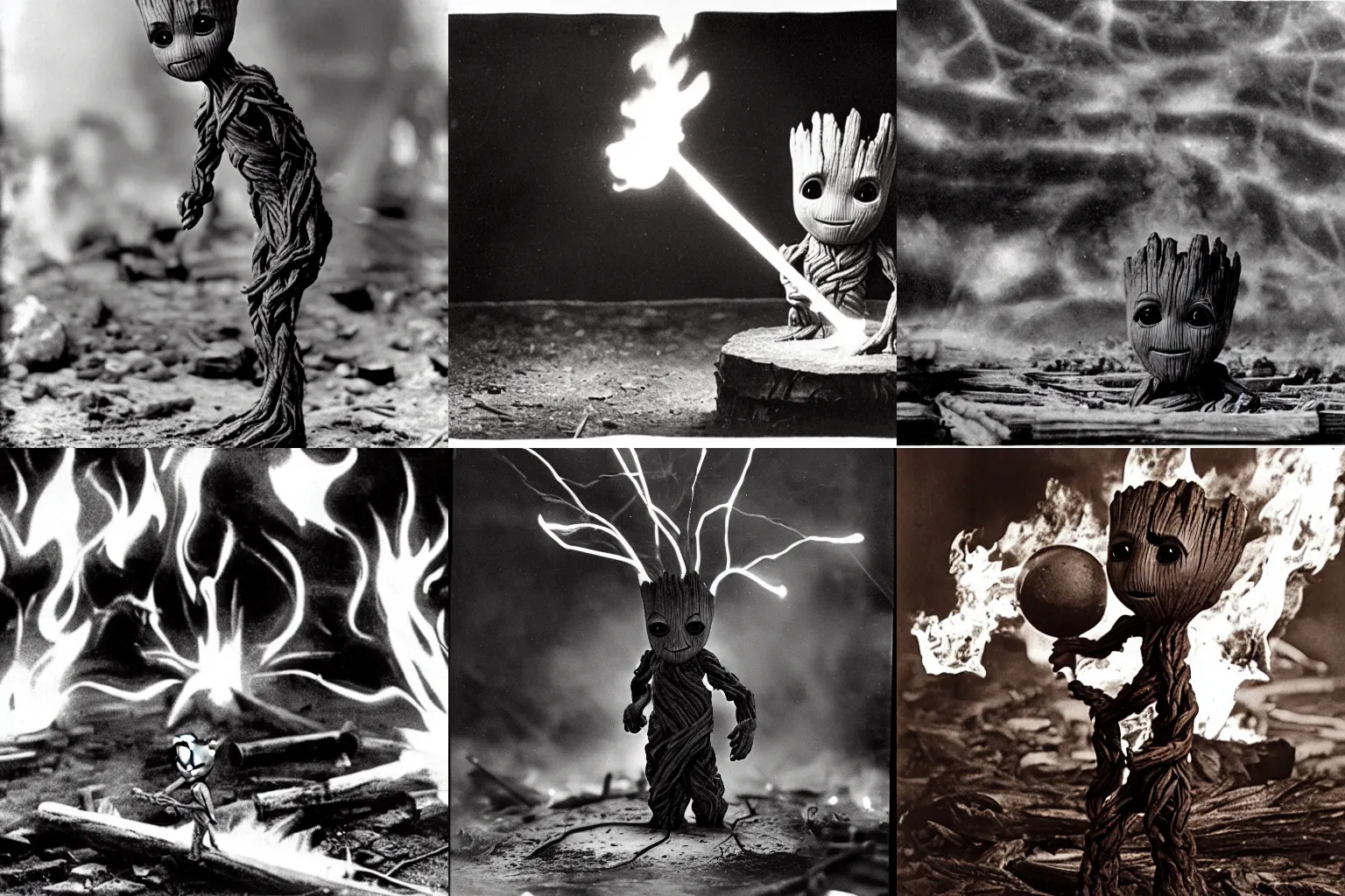 Prompt: Baby Groot lighting the great Chicago Fire of 1871, photography by Ansel Adams