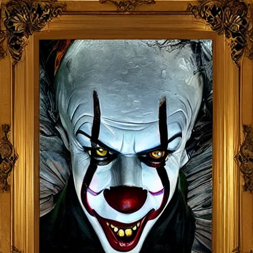 Image similar to portrait of pennywise mixed with batman by abbey edwin austin