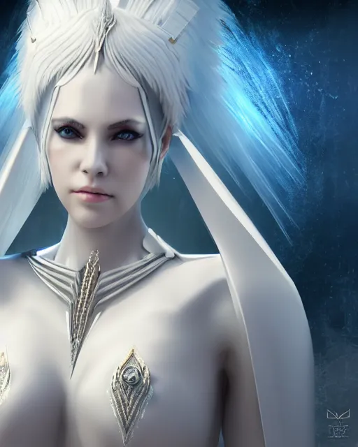 Image similar to perfect white haired egyptian goddess wearing white dove wings, warframe armor, regal, attractive, ornate, sultry, beautiful, charlize theron, half asian, pretty face, blue eyes, detailed, scifi platform, 4 k, ultra realistic, volumetric lighting, illuminated, cinematic, masterpiece, art by akihito tsukushi, voidstar