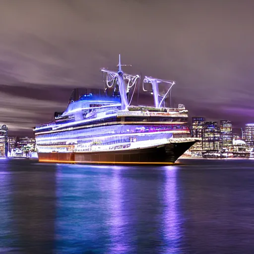 Image similar to fantasy ship sailing through auckland Harbor, futuristic neon