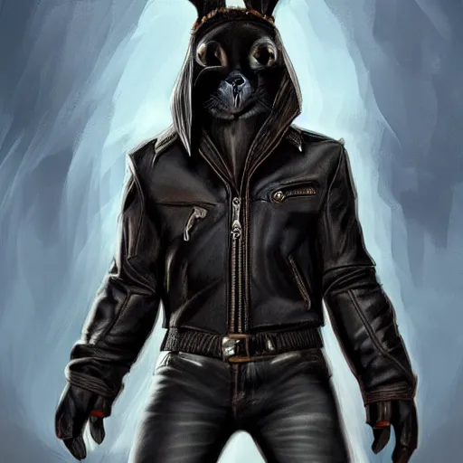 Image similar to A bunny with a small head wearing a fine intricate leather jacket and leather jeans and leather gloves, trending on FurAffinity, energetic, dynamic, digital art, highly detailed, FurAffinity, high quality, digital fantasy art, FurAffinity, favorite, character art