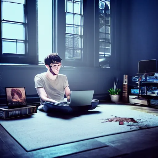 Image similar to a skinny computer nerd guy sitting on the floor of his room, crossed legs, laptop, smartphone, video games, tv, books, potions, jars, shelves, knick knacks, tranquil, star charts, calm, sparkles in the air, magic aesthetic, fantasy aesthetic, faded effect, by dreamworks animation studio