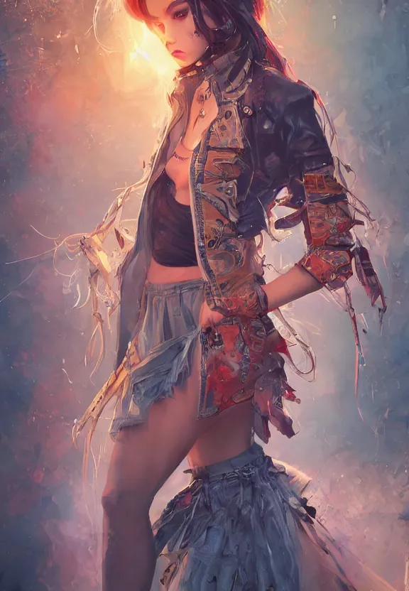 Prompt: full body illustration of a girl with eyes that burn like cigarettes wearing a mini skirt and a long jacket with fingernails that shine like justice, dramatic lighting, photorealistic, full body portrait, detailed anatomy, extreme detail, 4 k, colorful, confident, character concept art by artgerm and ben lo and mucha, octane render, detailed face, f / 2. 8