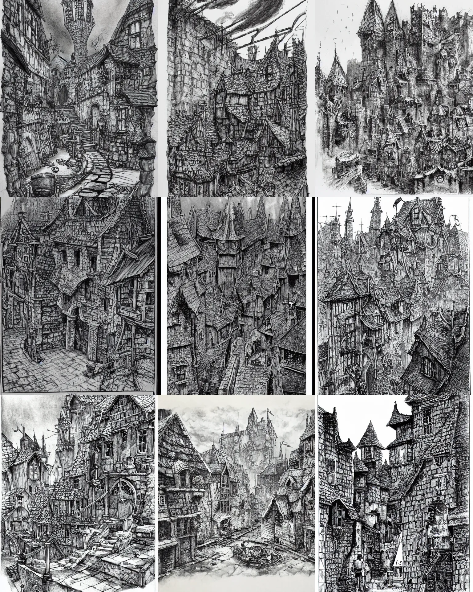 Prompt: a black and white spot illustration of mordheim by john blanche, ian miller, alex boyd, highly detailed, ink on paper, corner piece