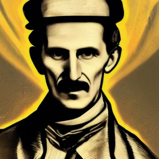 Prompt: [UHD Nikola Tesla as a GTA character on the streets of an industrial dystopia, holding a ray gun, correct face, intricate facial details, symmetrical face, graphic detail, digital painting, trending on artstation, concept art, tonalism, sharp focus, illustration, art by Akira Toriyama and Greg Rutkowski and Alphonse Mucha]